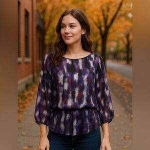 💜 CHICO'S Purple Print Chiffon Blouson Top 💜